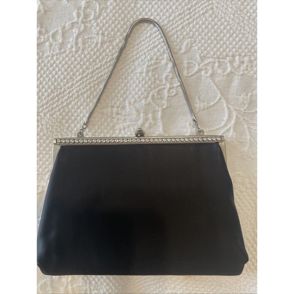 Vintage 1950-60s Black Satin Clutch Silver Chain Strap Rhinestones Lift Lock MCM